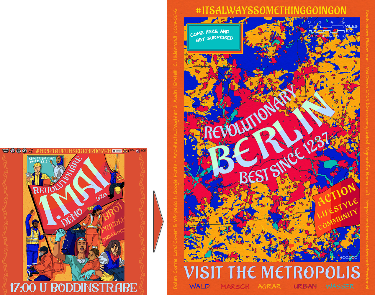 "Revolutionary Berlin" von Corinna Hildebrandt (2023), Vorlage: "Revolutionäre 1.Mai Demo 2023" Flyer