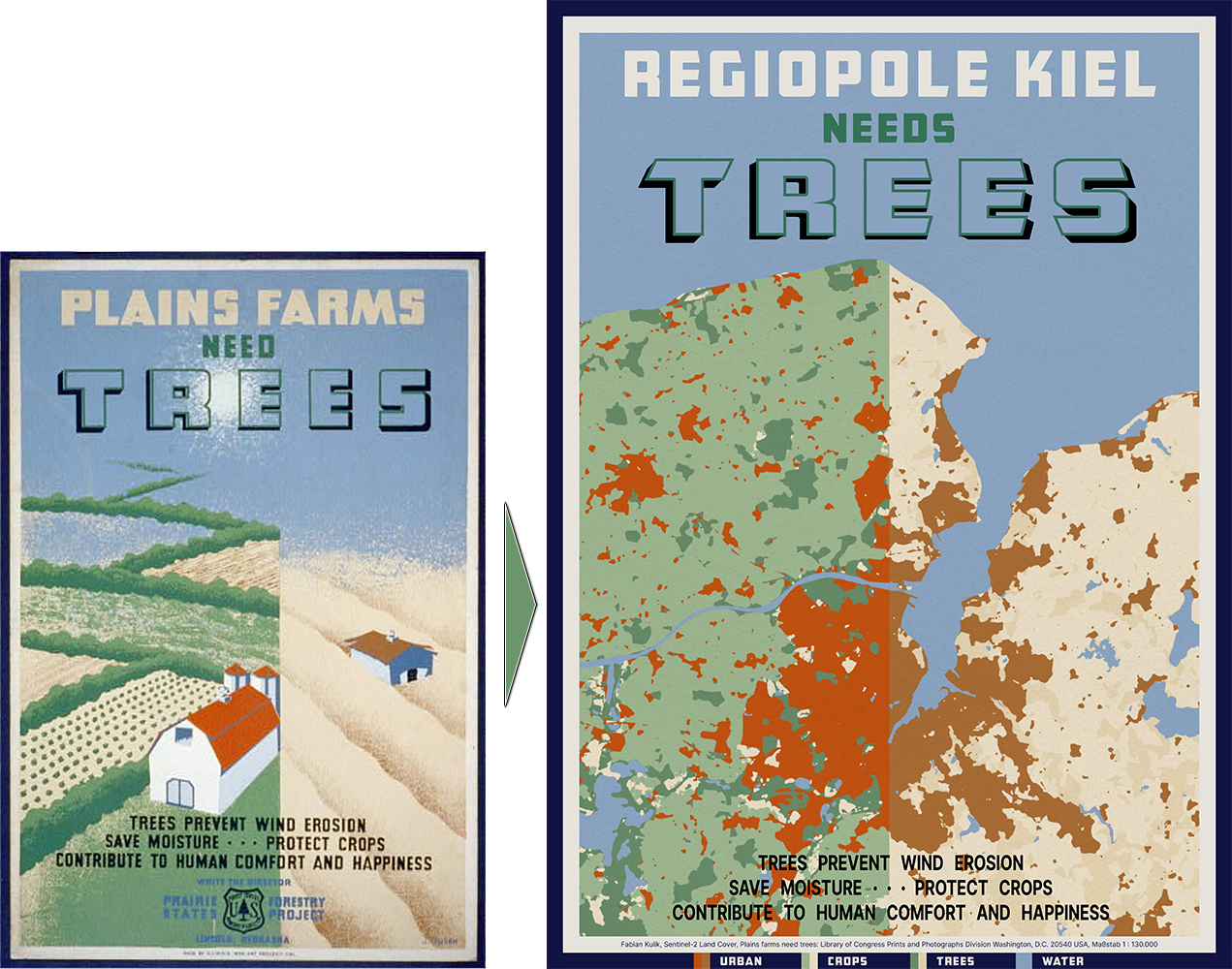 "Regiopole Kiel needs Trees" von Fabian Kulik (2023), Vorlage "Plains Fams need Trees" von Illinois WPA Art Project
