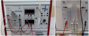 links: PEM-Brennstoffzellen, Messanzeigen und elektrische Verbraucher; rechts: PEM-Elektrolyseur PEM-Brennstoffzellen_Elektrolyseur
