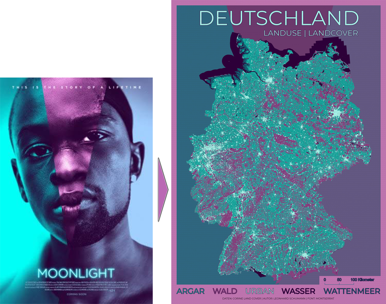 "Deutschland Landuse Landcover" von Leonhard Schumann (2022), Vorlage "Moonlight" von A24