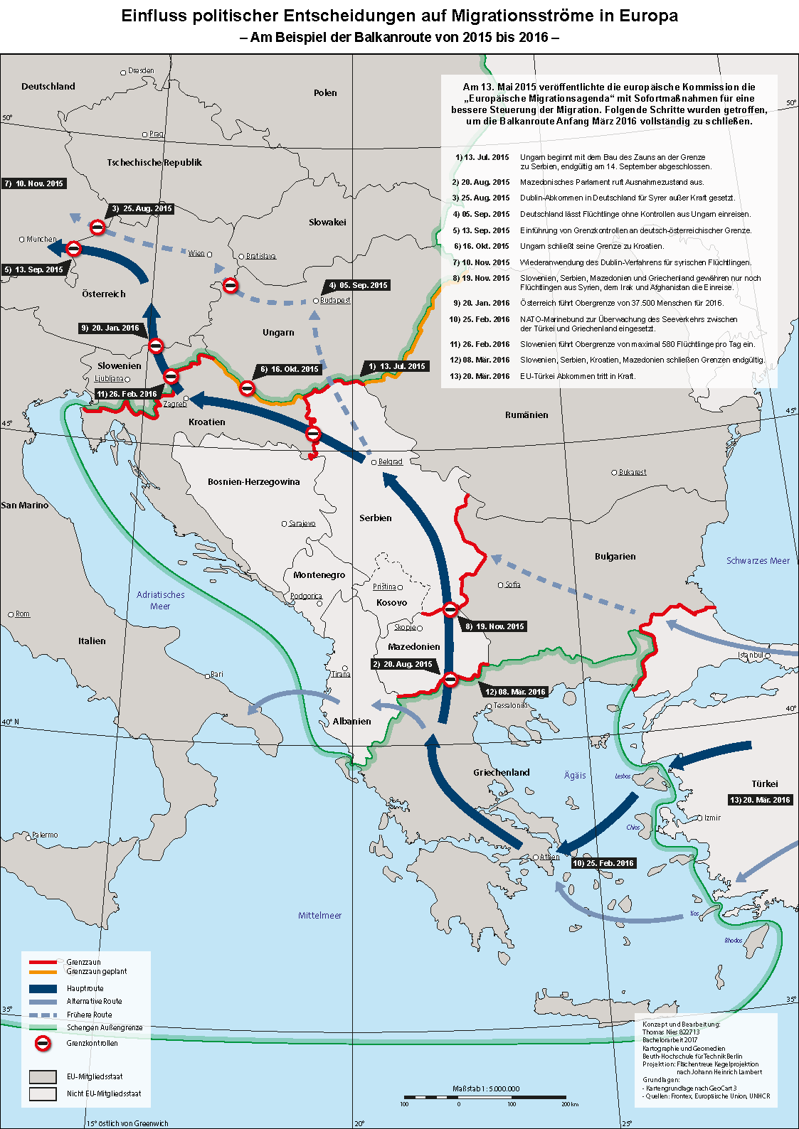 Karte: Einfluss politischer Entscheidungen auf Migrationsströme in Europa – am Beispiel der Balkanroute von 2015 bis 2016